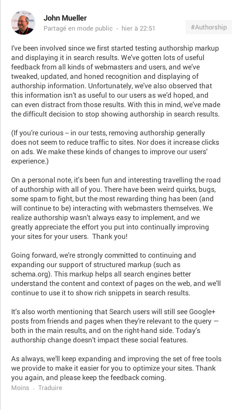 John Mueller annonce la fin de l'authorship sur son compte Google+