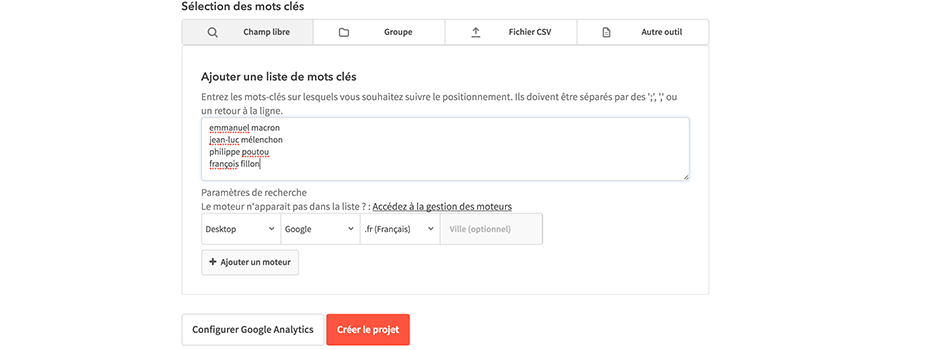 Sélection des mots-clés Myposeo